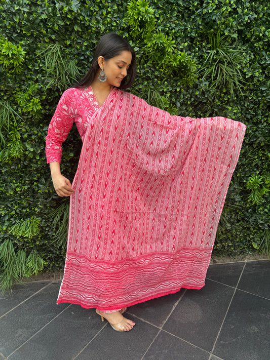 Elegant Pink Floral Cotton Kurta Set with Embroidered Neckline & Printed Dupatta