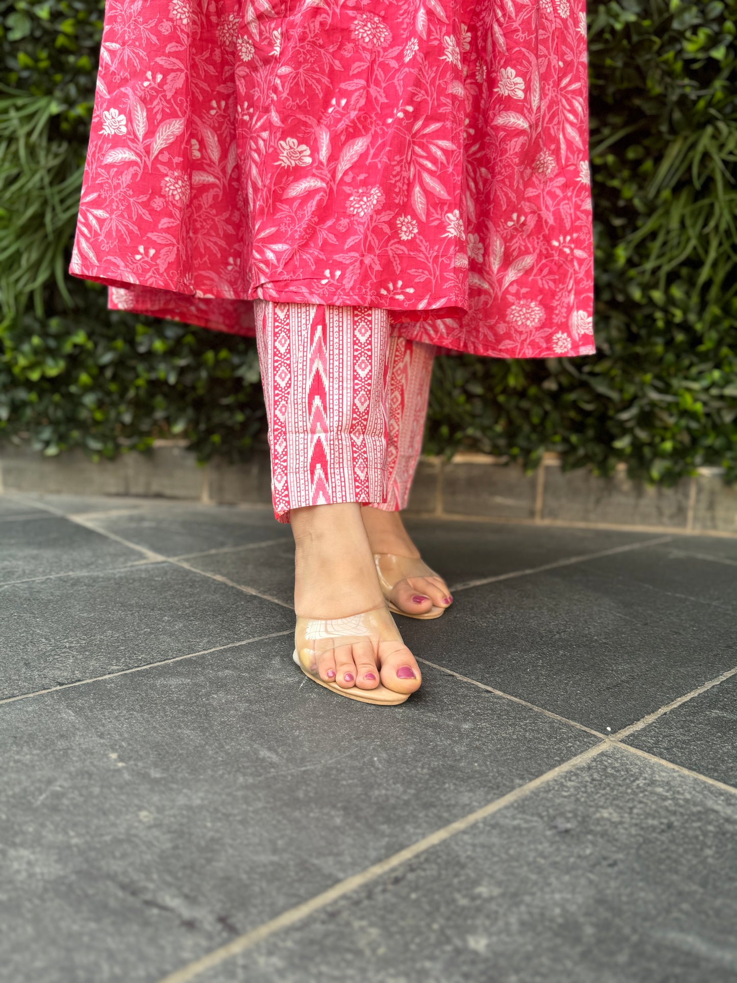 Elegant Pink Floral Cotton Kurta Set with Embroidered Neckline & Printed Dupatta
