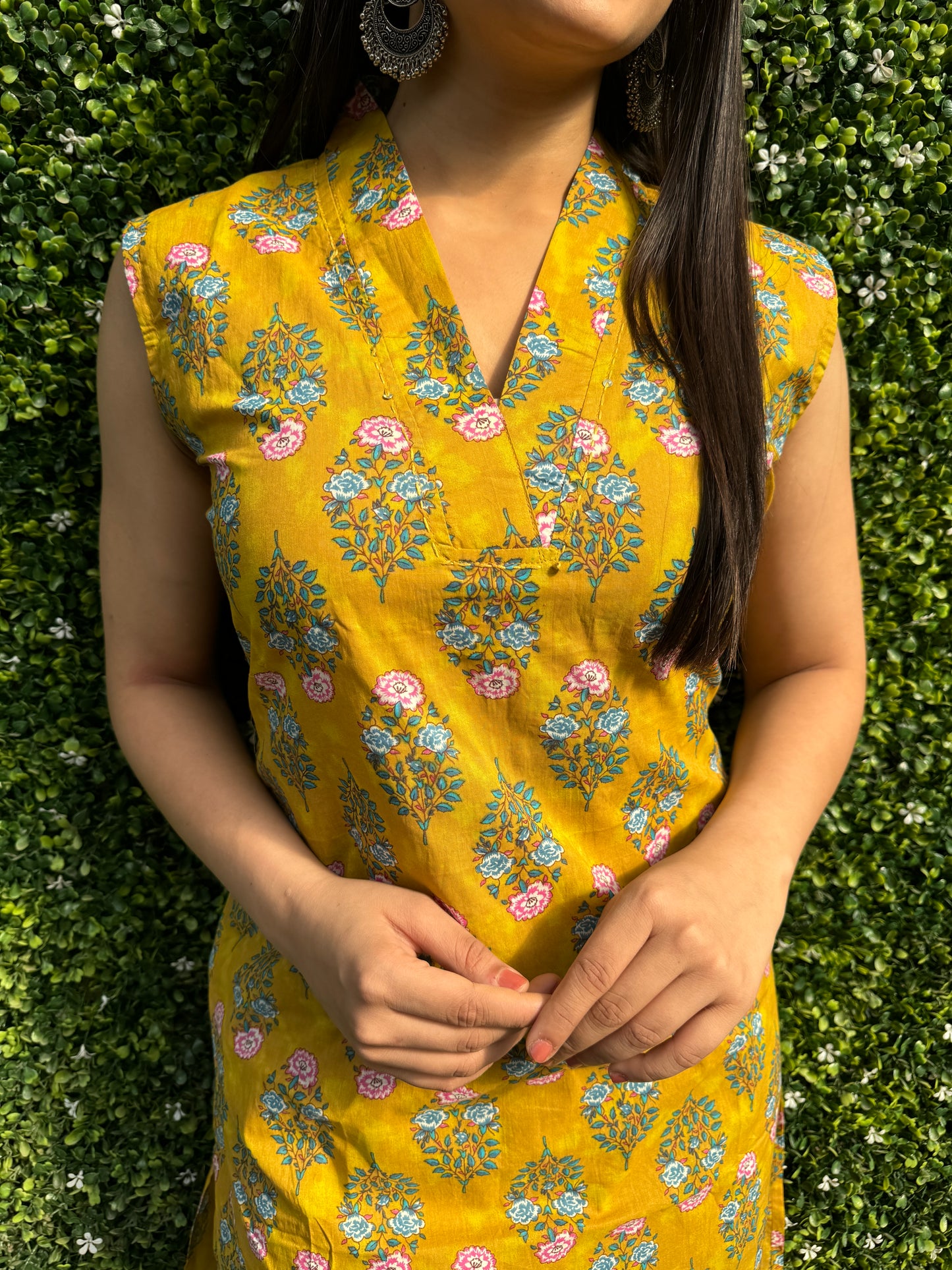 Mustard Yellow Sleeveless Floral Cotton Kurta Set with Printed Pants & Pocket Detail