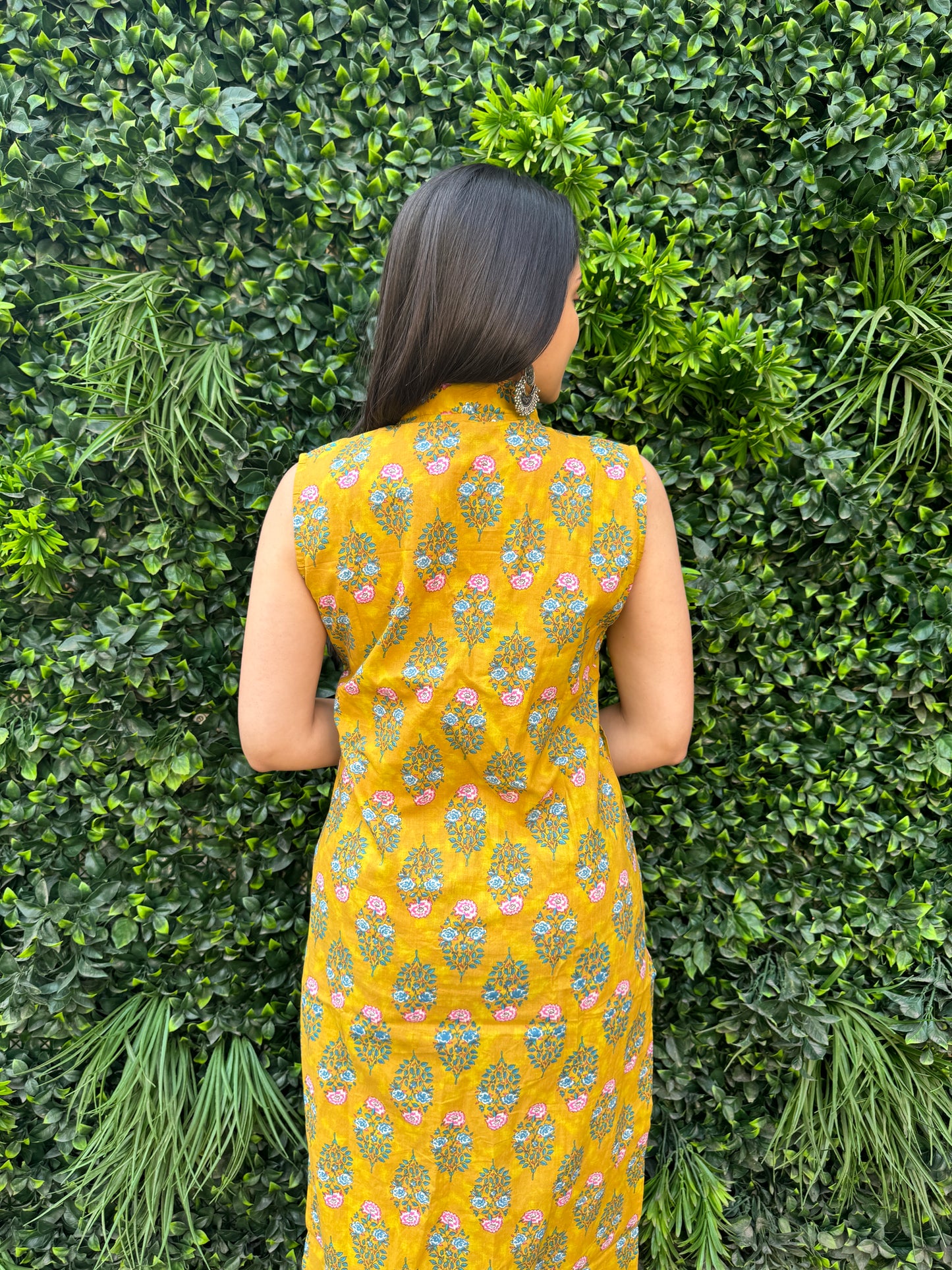 Mustard Yellow Sleeveless Floral Cotton Kurta Set with Printed Pants & Pocket Detail