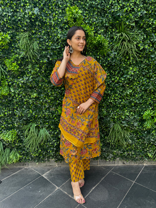 Mustard Yellow Ethnic Floral Cotton Kurta Set with Printed Pants & Dupatta