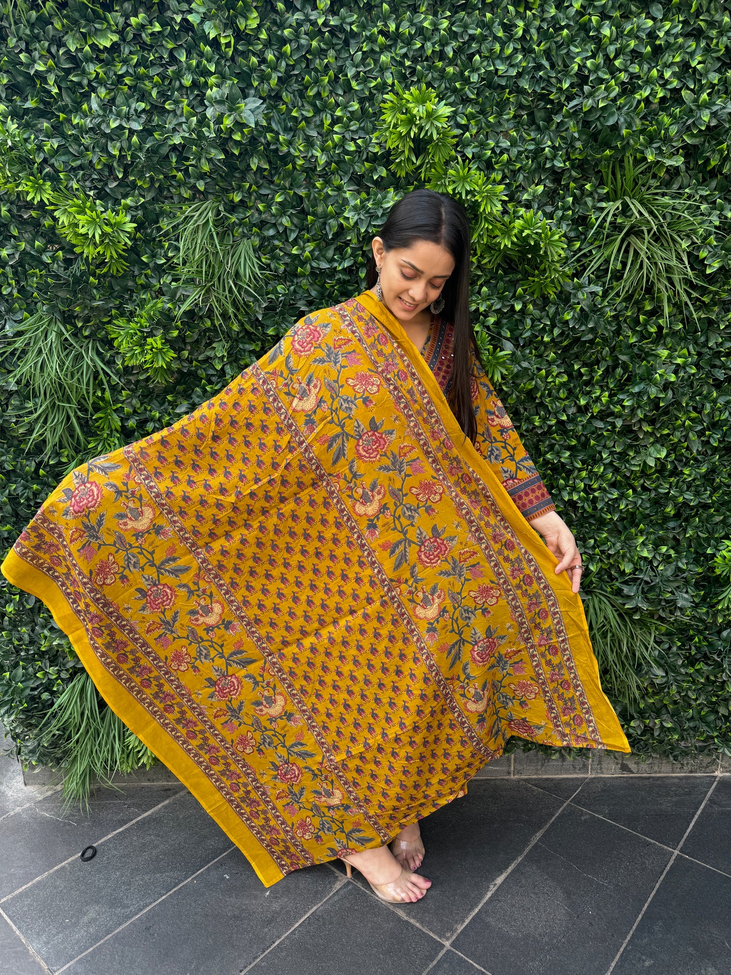 Mustard Yellow Ethnic Floral Cotton Kurta Set with Printed Pants & Dupatta