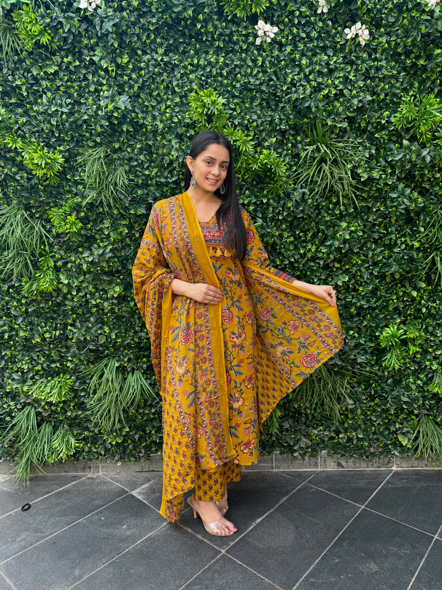 Mustard Yellow Ethnic Floral Cotton Kurta Set with Printed Pants & Dupatta