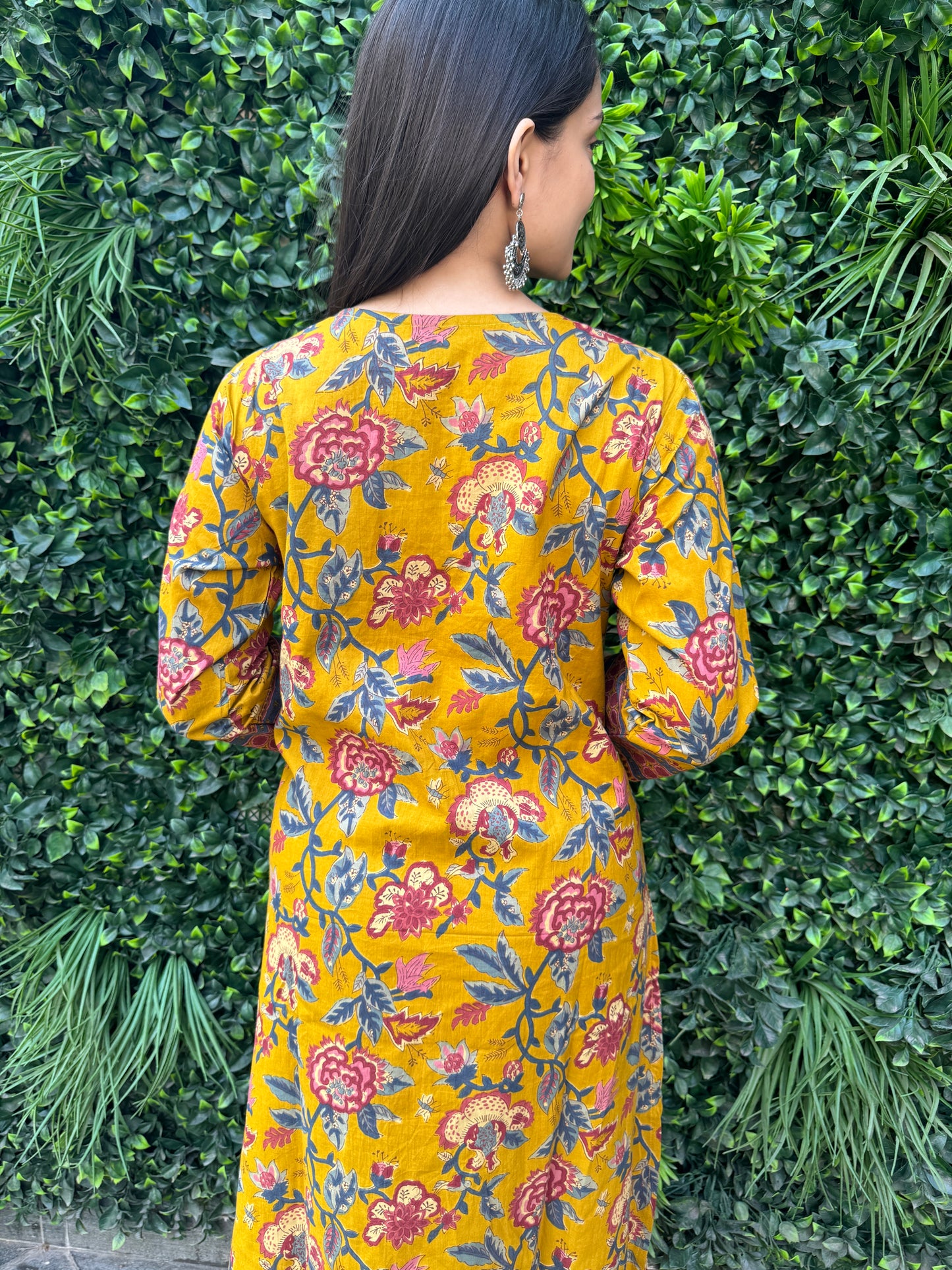 Mustard Yellow Ethnic Floral Cotton Kurta Set with Printed Pants & Dupatta