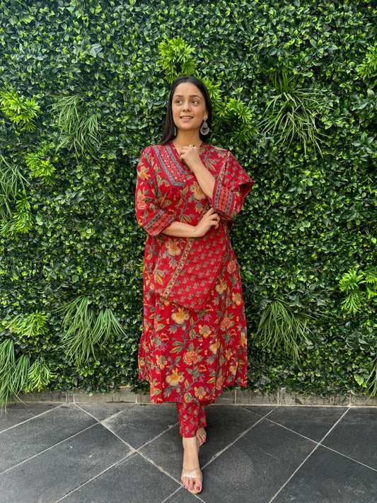 Crimson Red Floral Cotton Kurta Set with Printed Pants & Dupatta