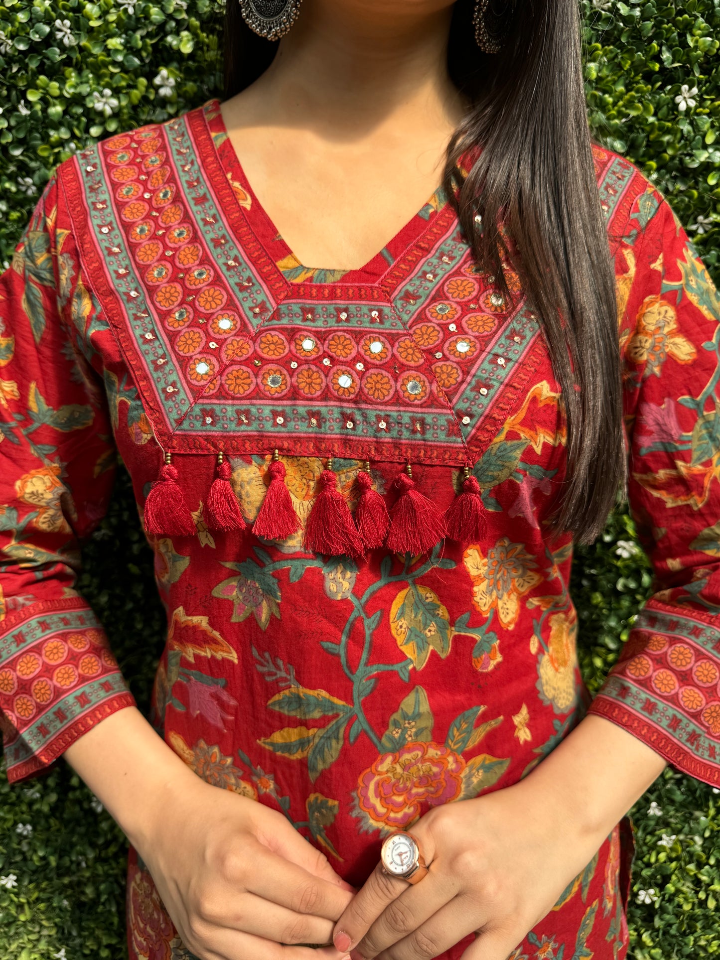 Crimson Red Floral Cotton Kurta Set with Printed Pants & Dupatta
