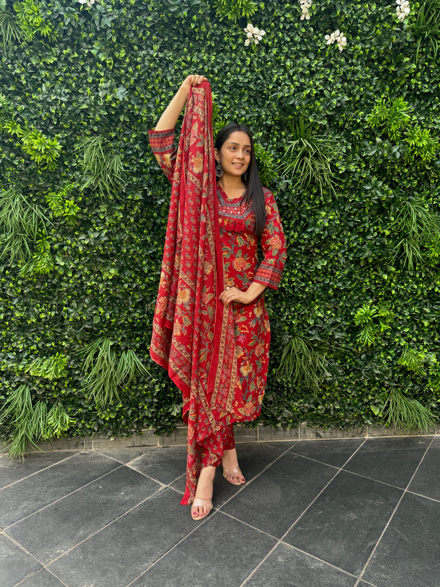 Crimson Red Floral Cotton Kurta Set with Printed Pants & Dupatta