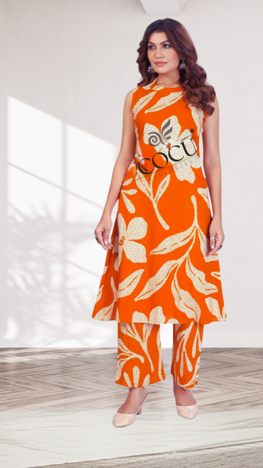 Bold Orange Sleeveless Rayon Co-ord Set with Artistic Leaf Print