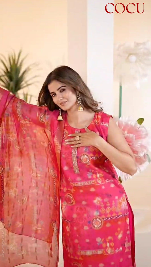 COCU Designer Silk Blend Kurta Set with Dupatta – Festive Elegance