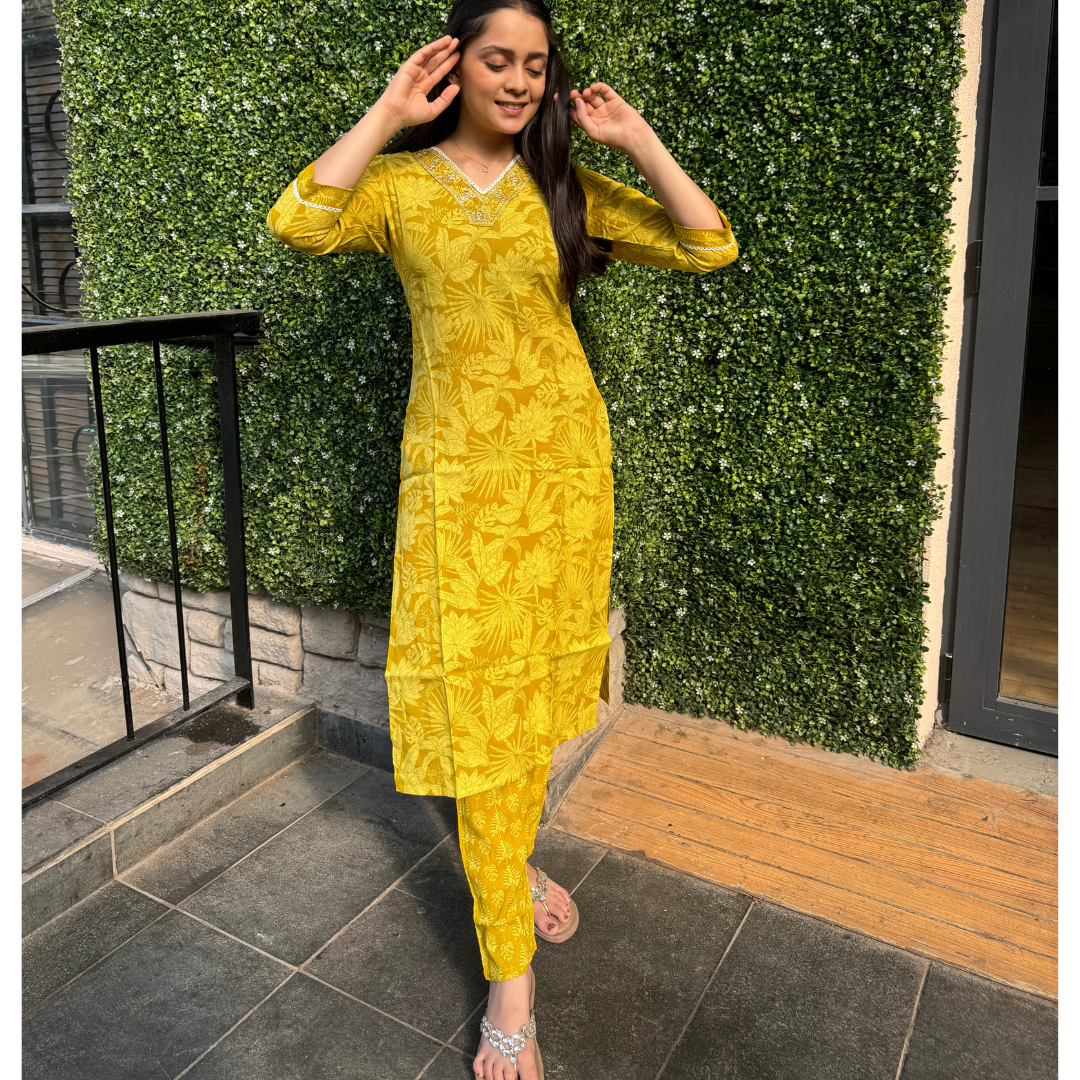 Mustard Yellow Floral Printed Kurta Set with Embroidered Neckline