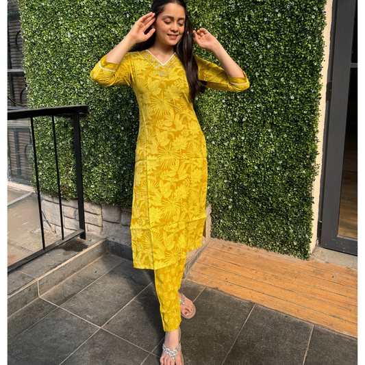 Mustard Yellow Floral Printed Kurta Set with Embroidered Neckline