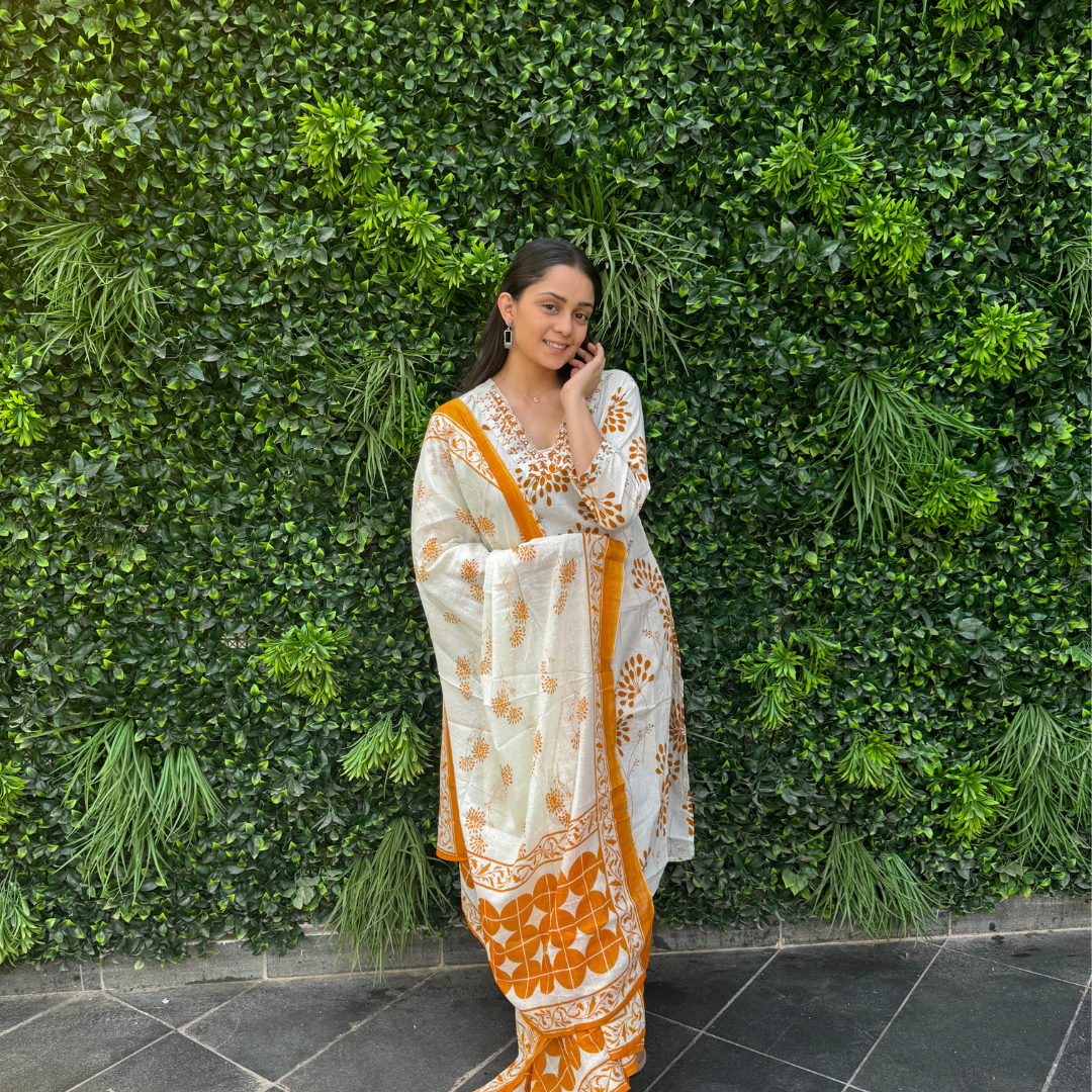 Ivory & Mustard Handblock Cotton Printed Kurta Set with Dupatta