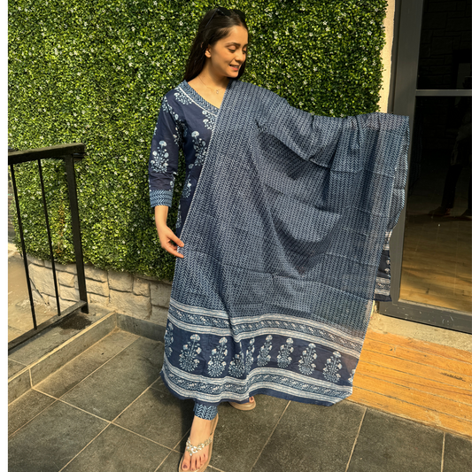 Indigo Blue Handblock Print Kurta Set with Dupatta