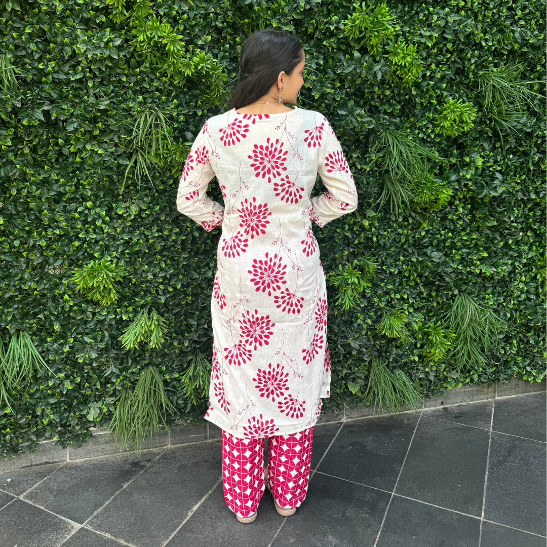 Ivory & Pink Handblock Printed Cotton Kurta Set with Dupatta – Traditional Elegance with a Modern Twist