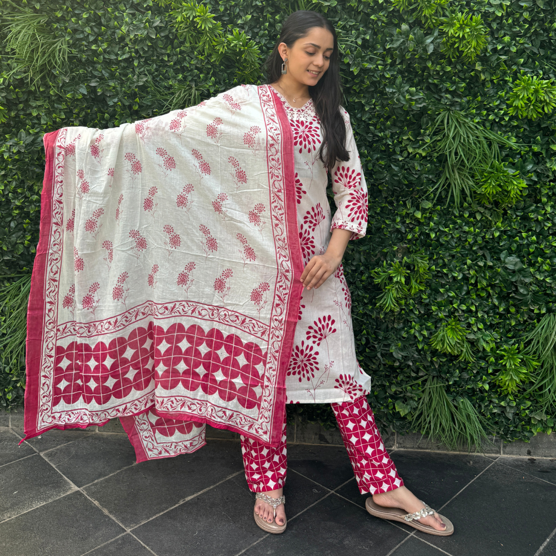 Ivory & Pink Handblock Printed Cotton Kurta Set with Dupatta – Traditional Elegance with a Modern Twist