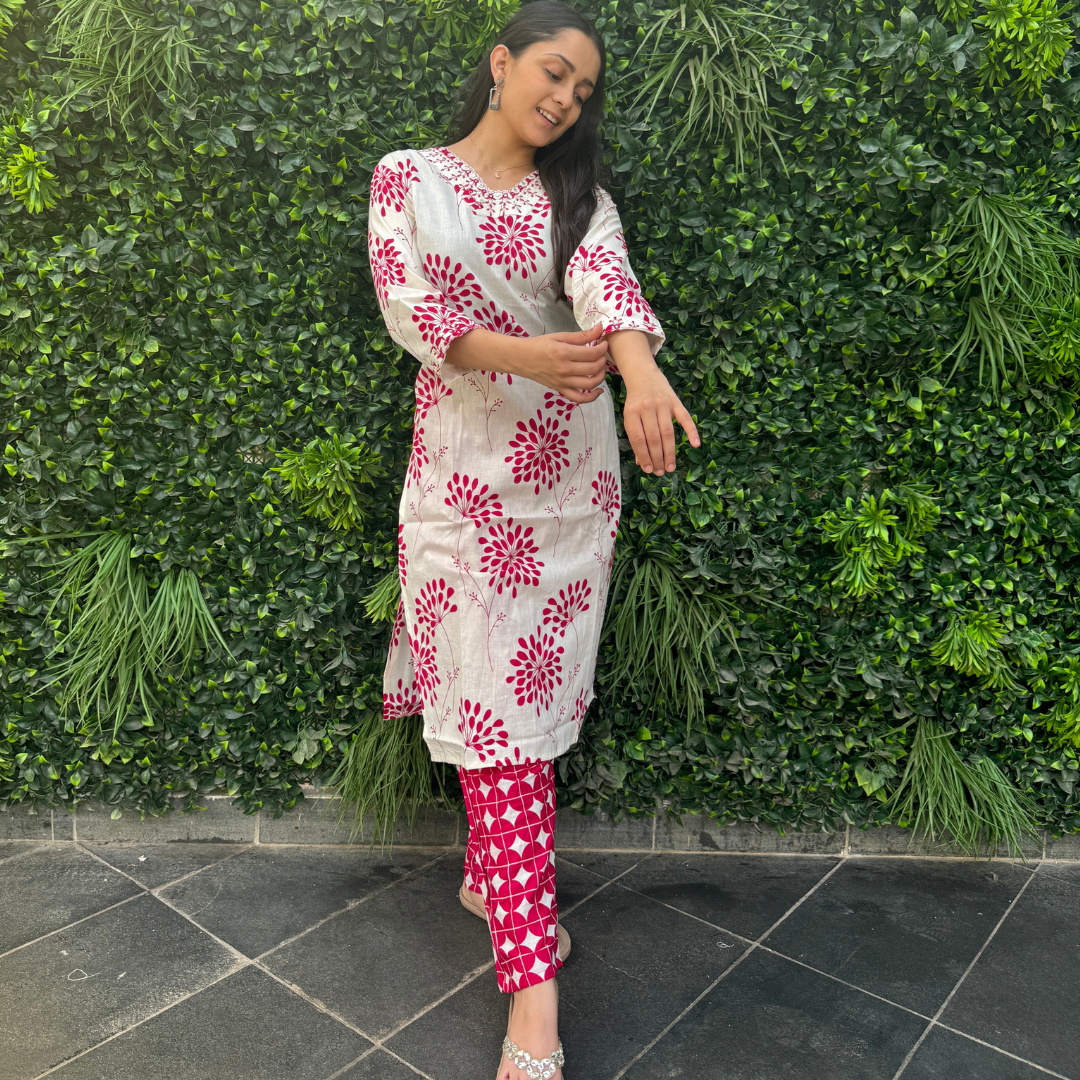 Ivory & Pink Handblock Printed Cotton Kurta Set with Dupatta – Traditional Elegance with a Modern Twist