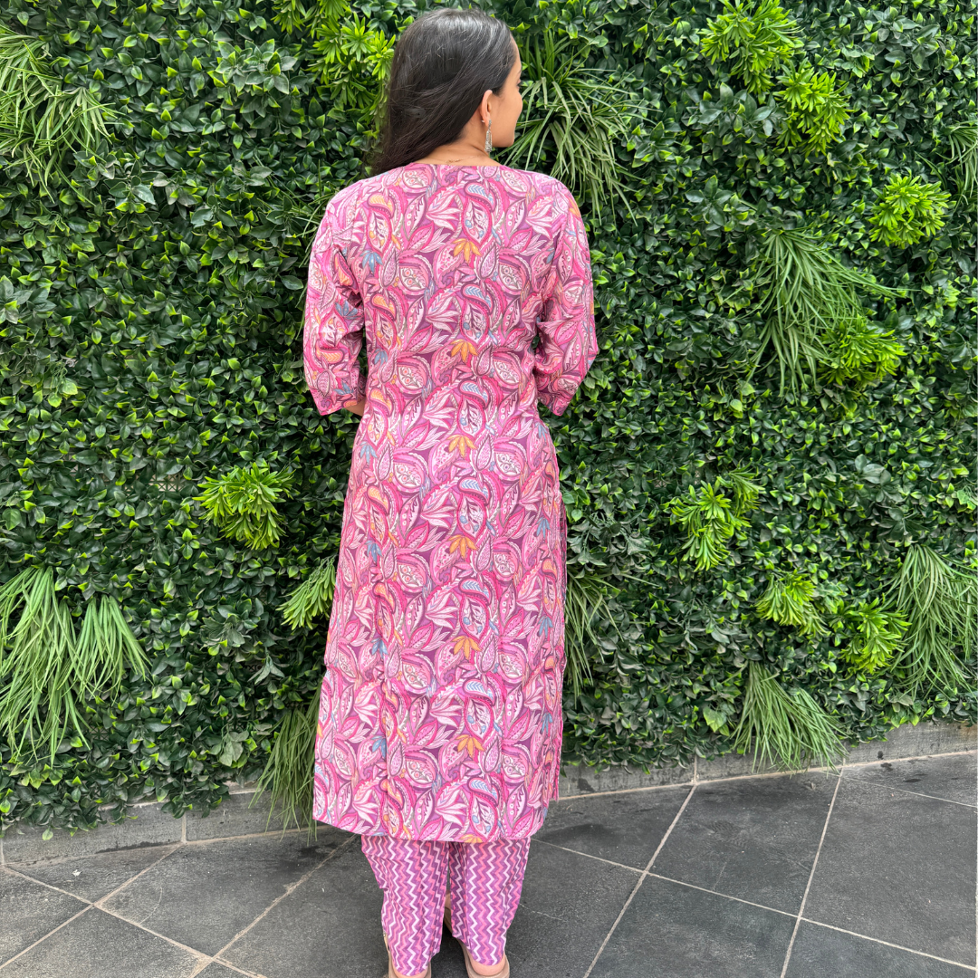 Women's Pink Leaf Print Cotton Kurta Set – Ethnic Co-ord Set with Tapered Pants