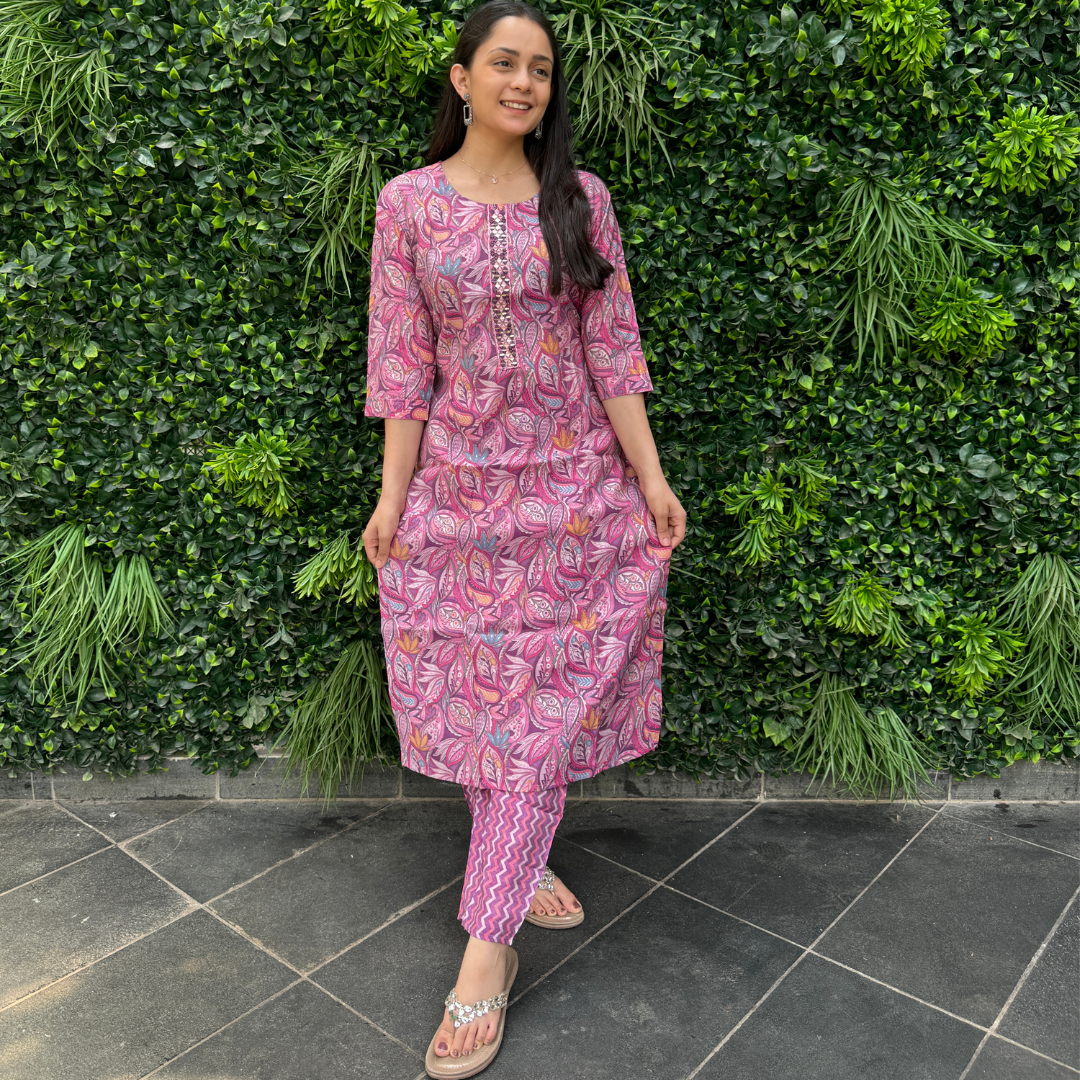 Women's Pink Leaf Print Cotton Kurta Set – Ethnic Co-ord Set with Tapered Pants