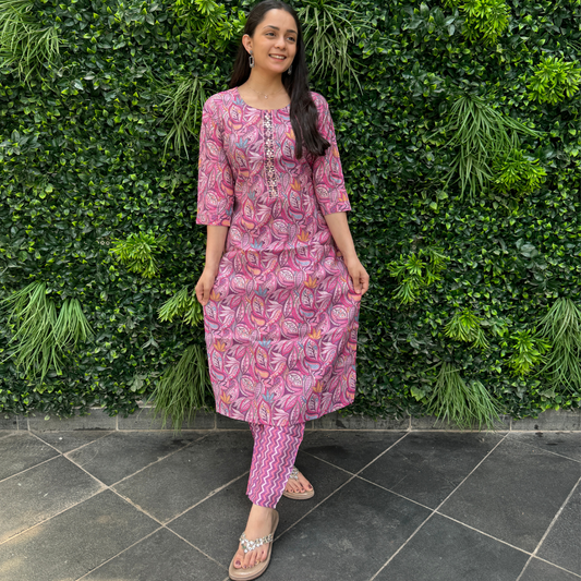 Women's Pink Leaf Print Cotton Kurta Set – Ethnic Co-ord Set with Tapered Pants