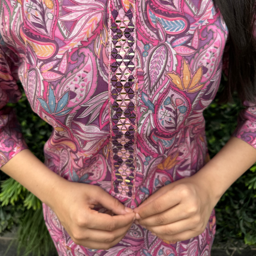 Women's Pink Leaf Print Cotton Kurta Set – Ethnic Co-ord Set with Tapered Pants