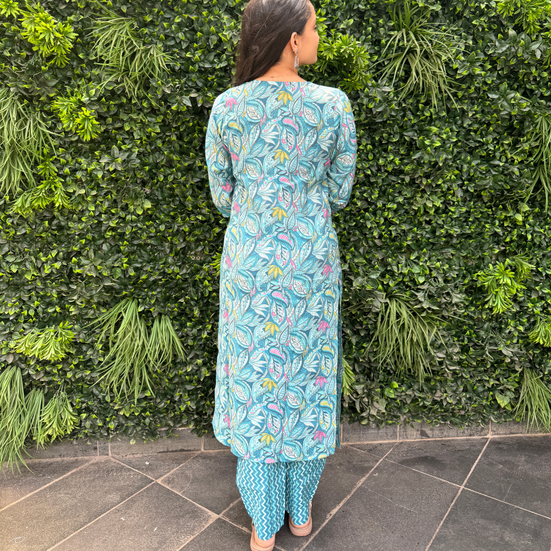 Aqua Blue Floral Leaf Print Cotton Kurta Set