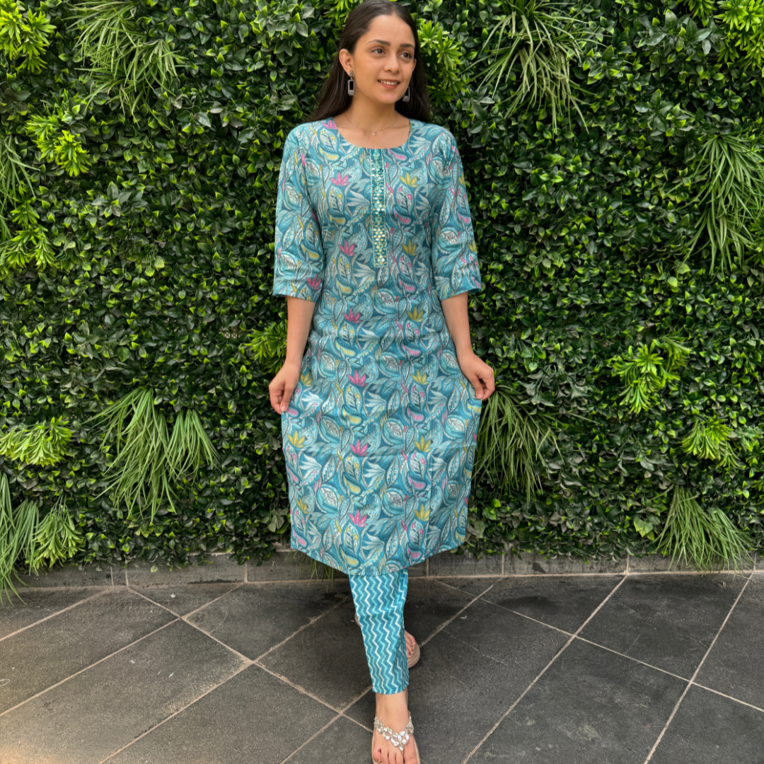 Aqua Blue Floral Leaf Print Cotton Kurta Set