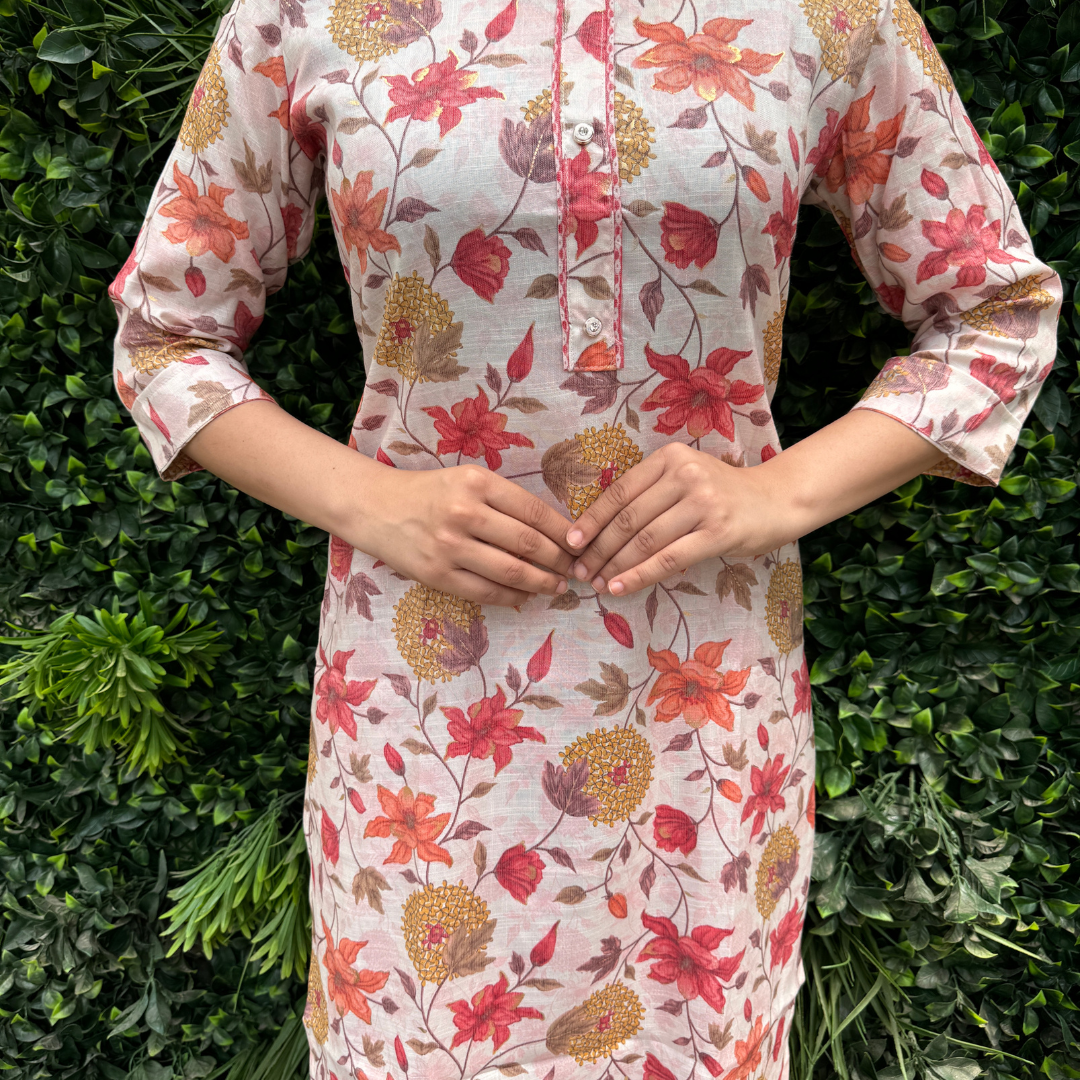 Women's Cotton Straight Kurta Set in Cream with Floral Print