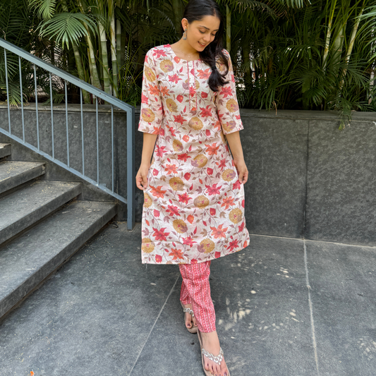 Women's Cotton Straight Kurta Set in Cream with Floral Print