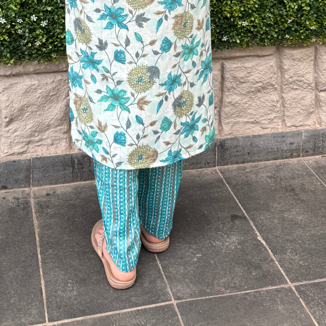 Floral Print Cotton Straight Kurta Set – Teal & White | Everyday Ethnic Elegance