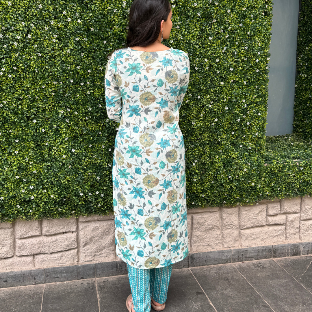 Floral Print Cotton Straight Kurta Set – Teal & White | Everyday Ethnic Elegance
