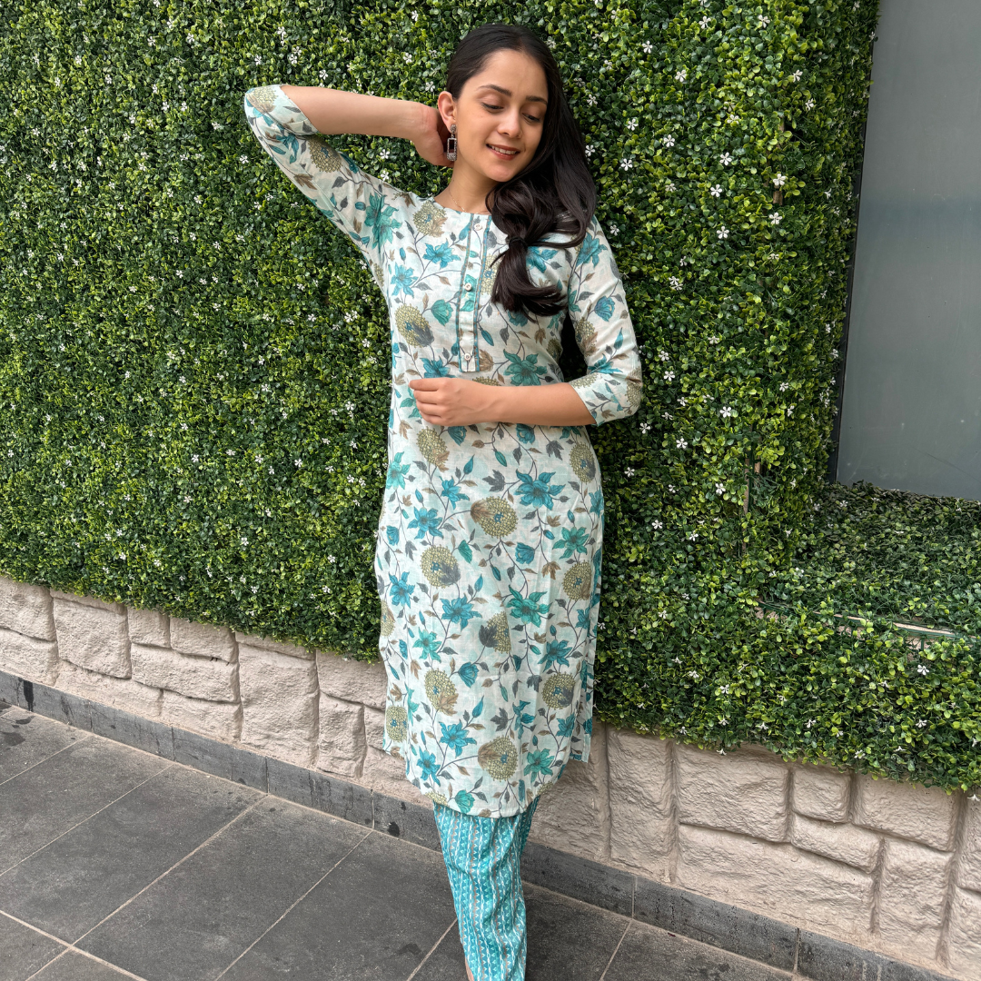 Floral Print Cotton Straight Kurta Set – Teal & White | Everyday Ethnic Elegance