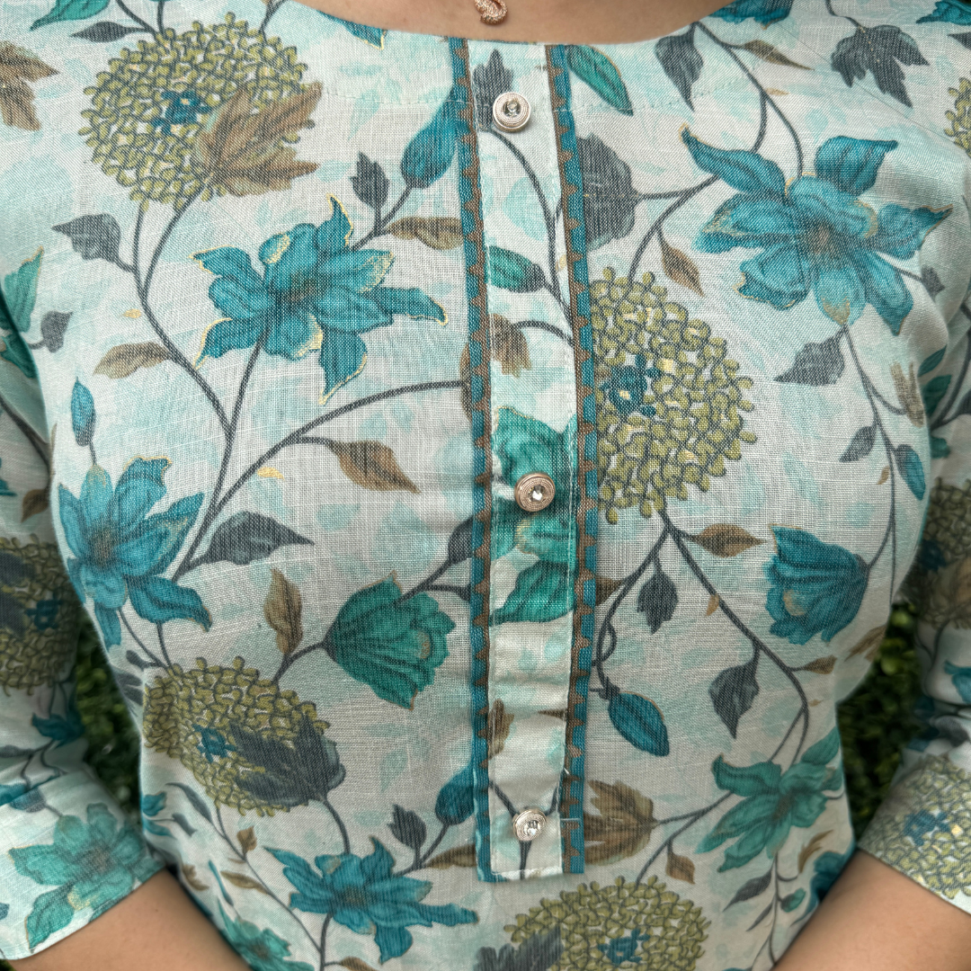 Floral Print Cotton Straight Kurta Set – Teal & White | Everyday Ethnic Elegance