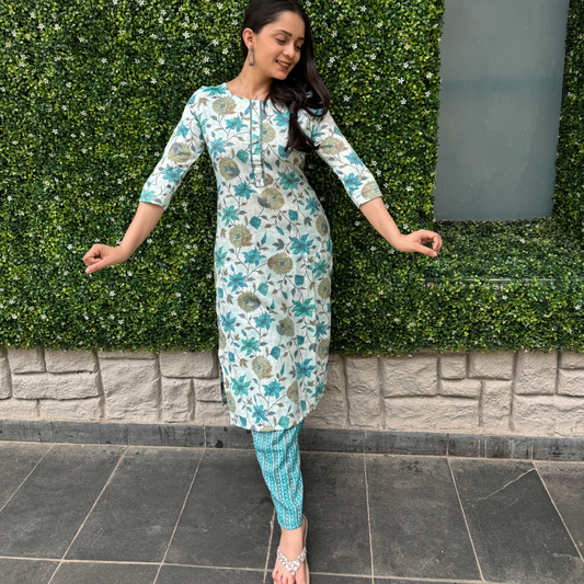 Floral Print Cotton Straight Kurta Set – Teal & White | Everyday Ethnic Elegance