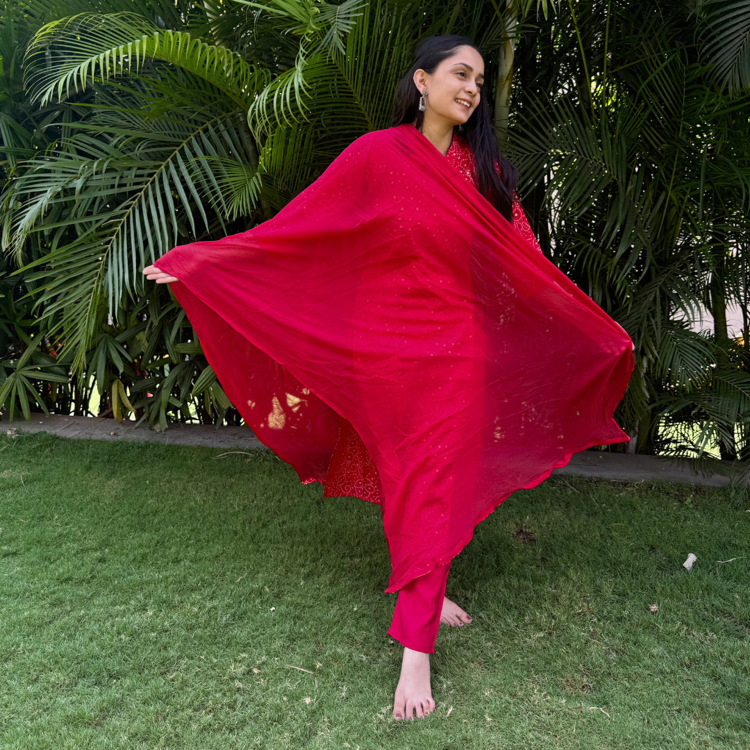 Women’s Red Bandhani Print Kurta Set with Solid Dupatta – 3 Piece Ethnic Ensemble