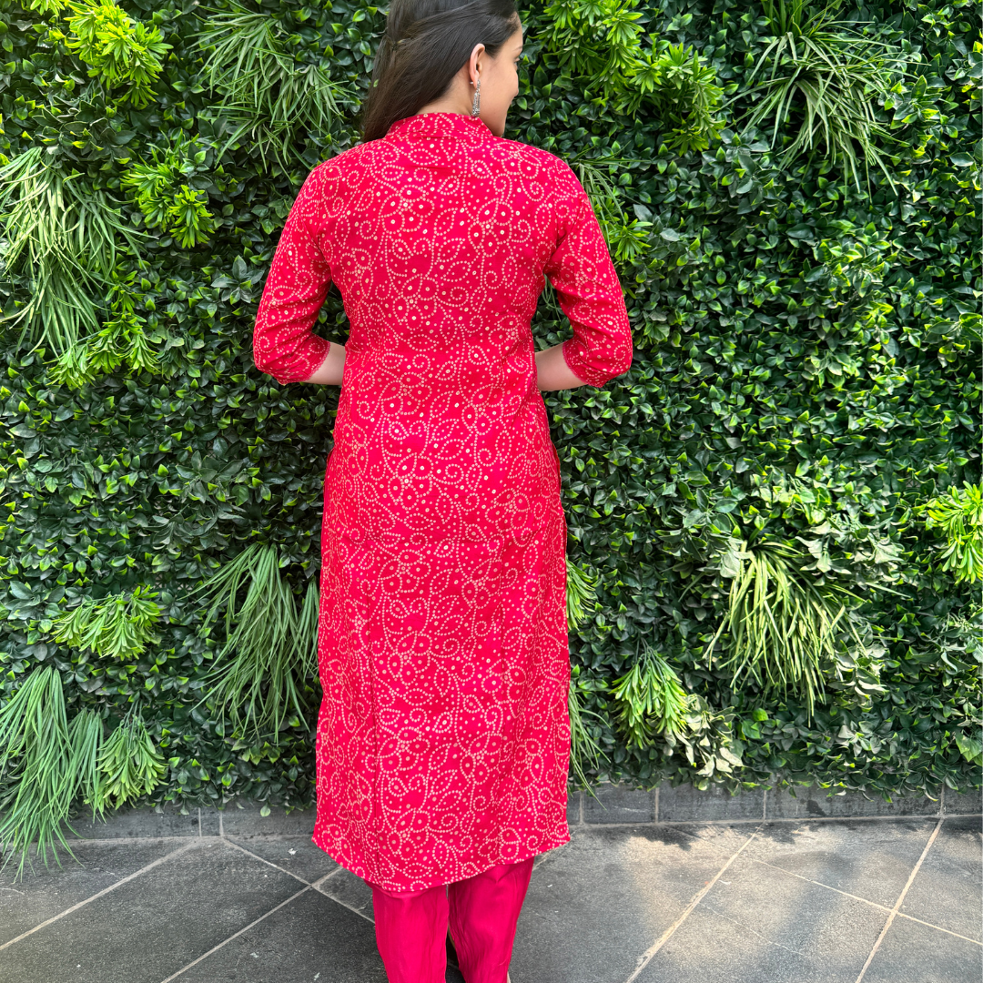 Women’s Red Bandhani Print Kurta Set with Solid Dupatta – 3 Piece Ethnic Ensemble