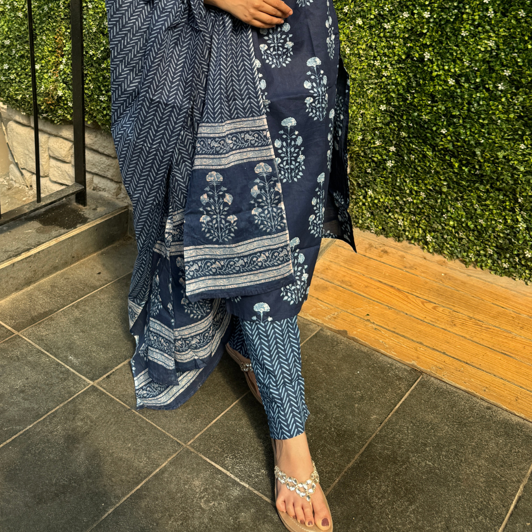 Indigo Blue Handblock Print Kurta Set with Dupatta