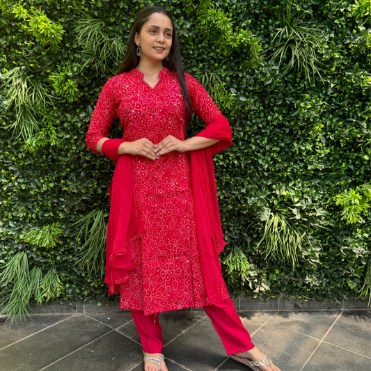 Women’s Red Bandhani Print Kurta Set with Solid Dupatta – 3 Piece Ethnic Ensemble