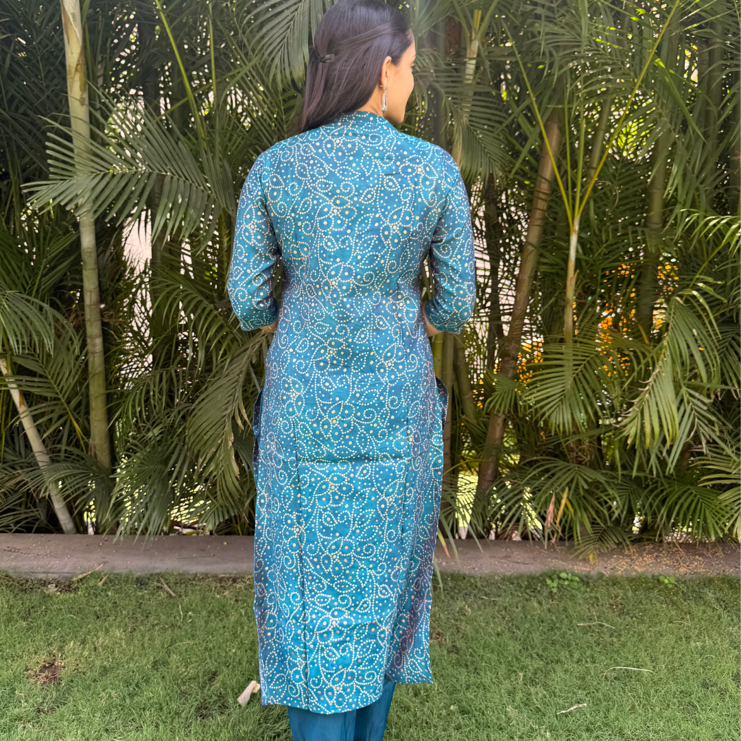 Teal Blue Bandhani Print Cotton Kurta Set with Dupatta (3-Piece)
