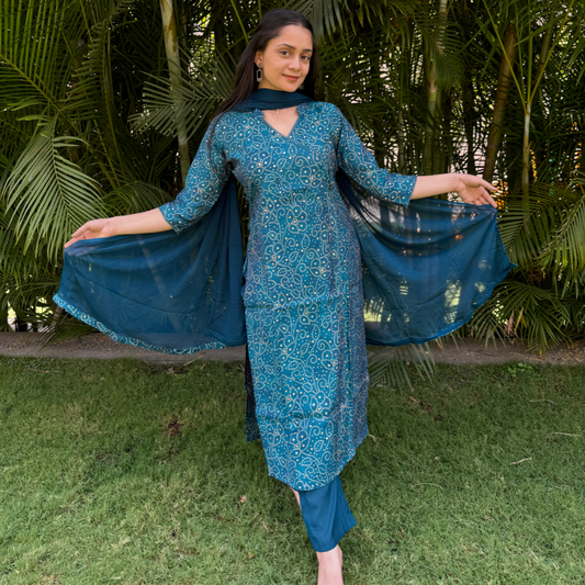 Teal Blue Bandhani Print Cotton Kurta Set with Dupatta (3-Piece)