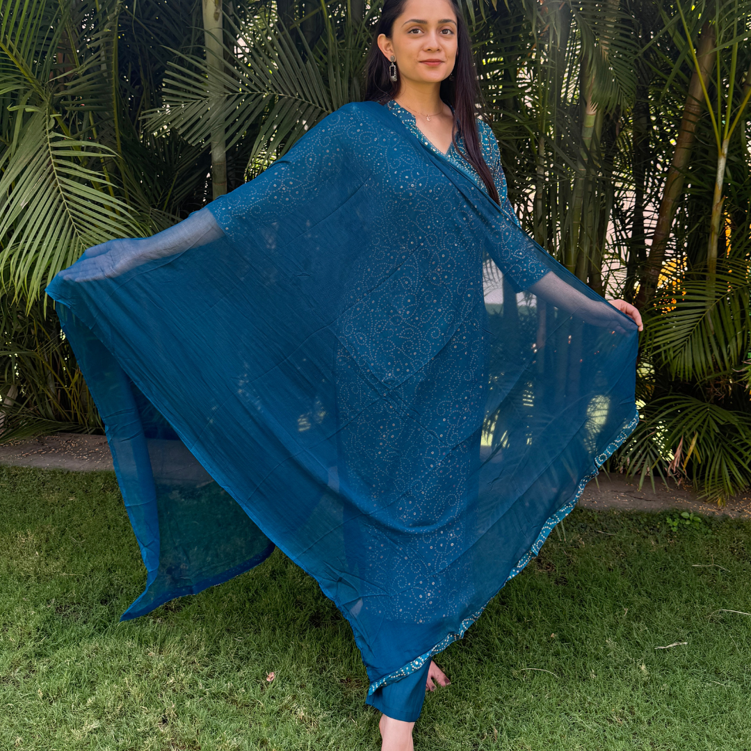 Teal Blue Bandhani Print Cotton Kurta Set with Dupatta (3-Piece)