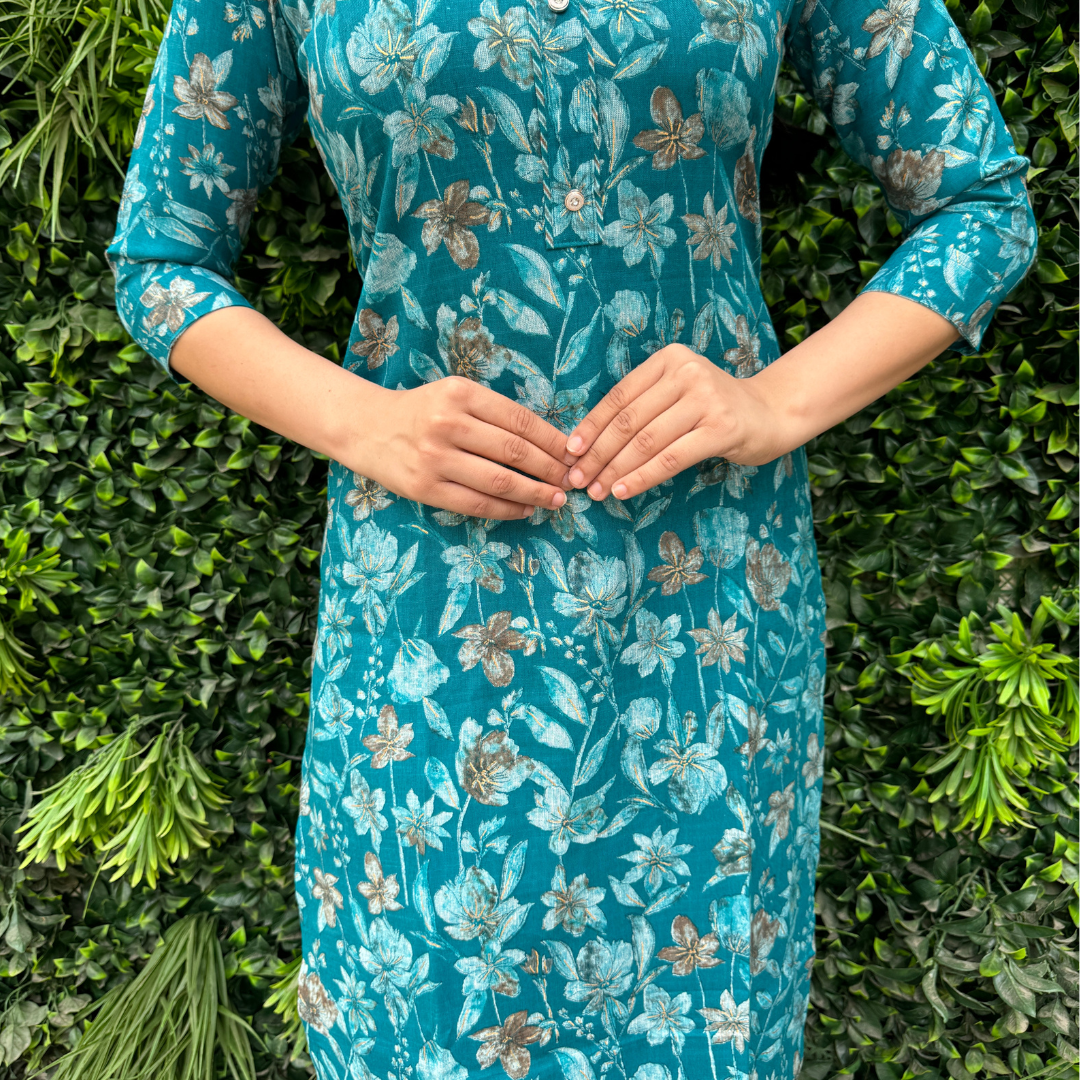 Teal Floral Printed Straight Kurta Set with Pants – Everyday Elegance