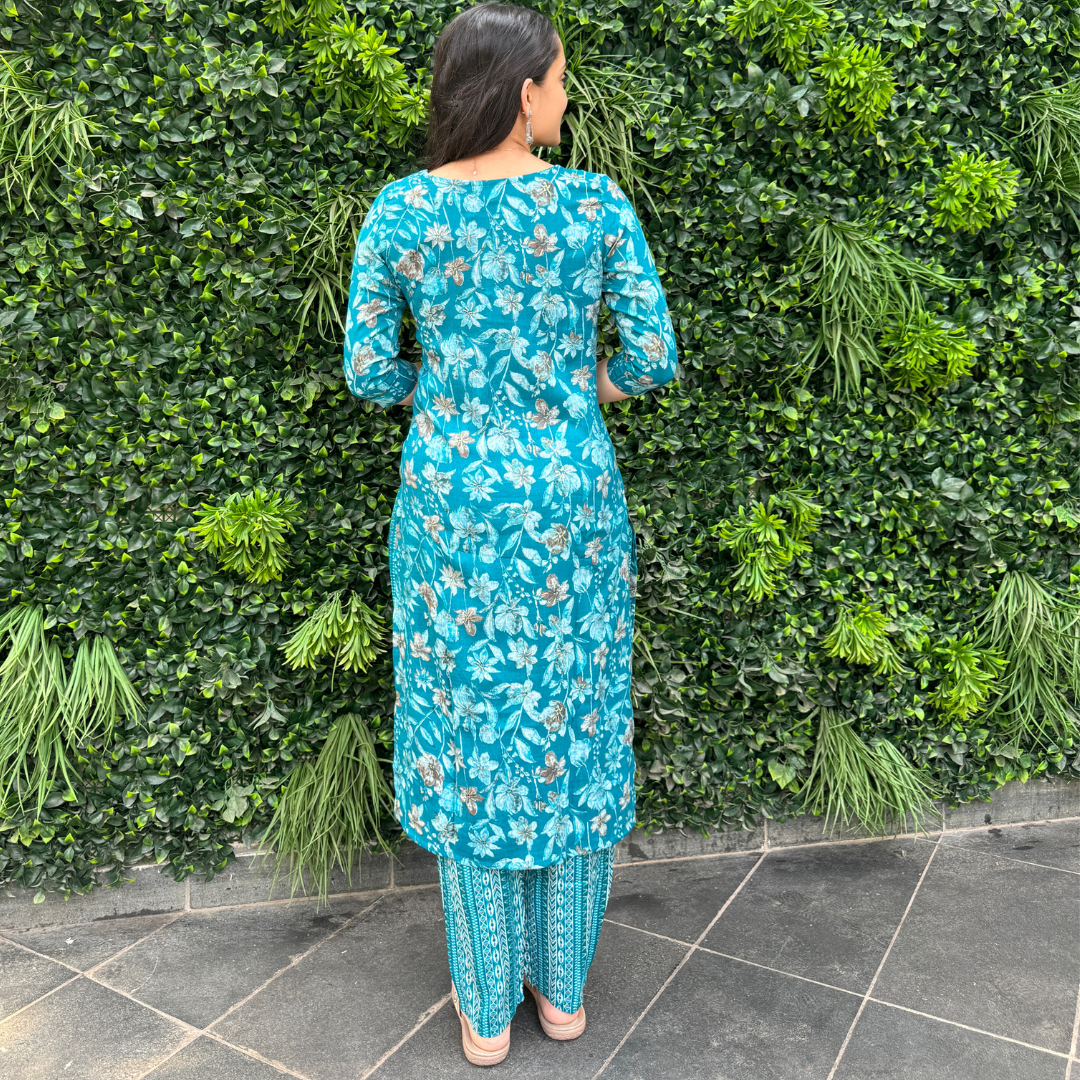 Teal Floral Printed Straight Kurta Set with Pants – Everyday Elegance