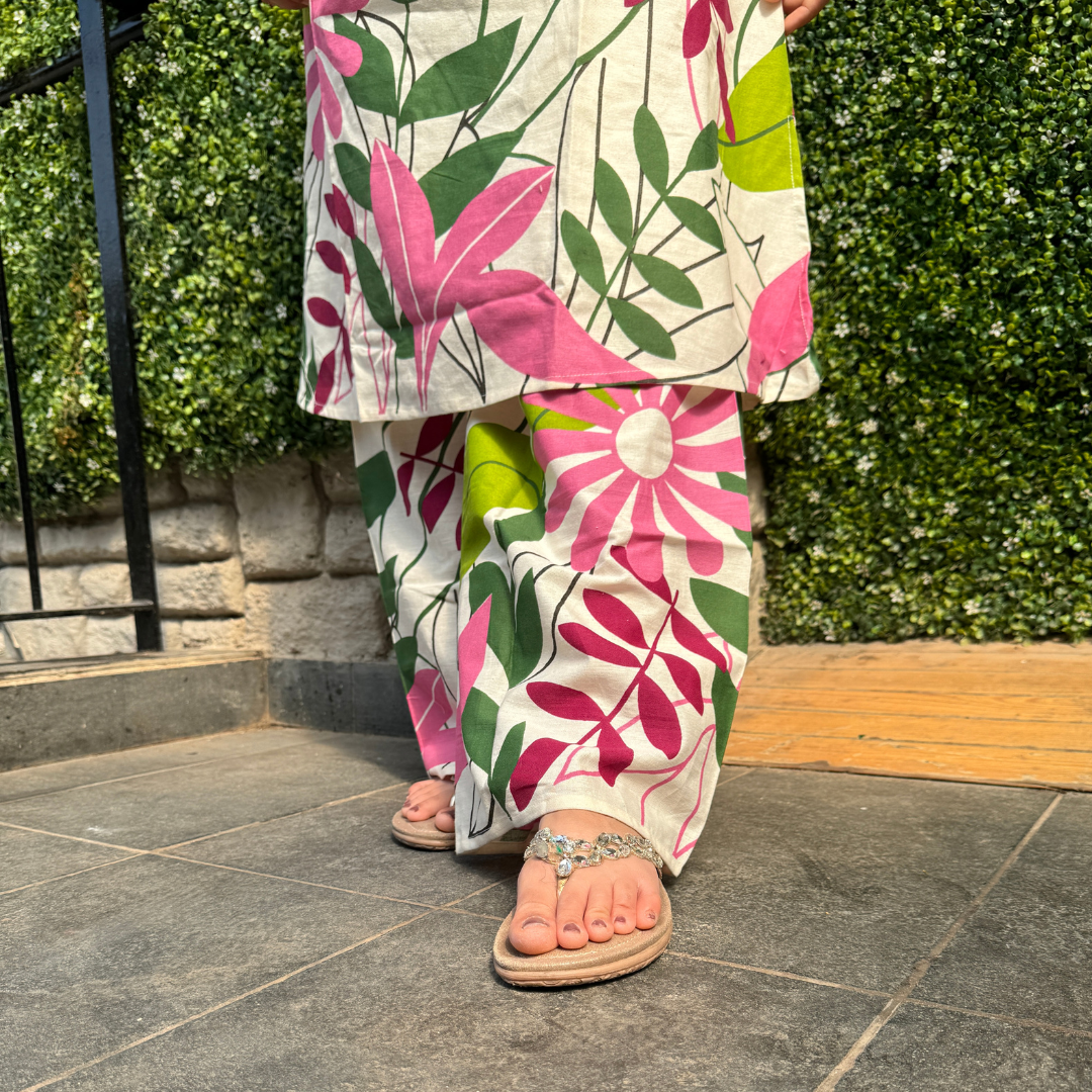 Cream & Pink Tropical Floral Kurta Set with Embroidered Neckline