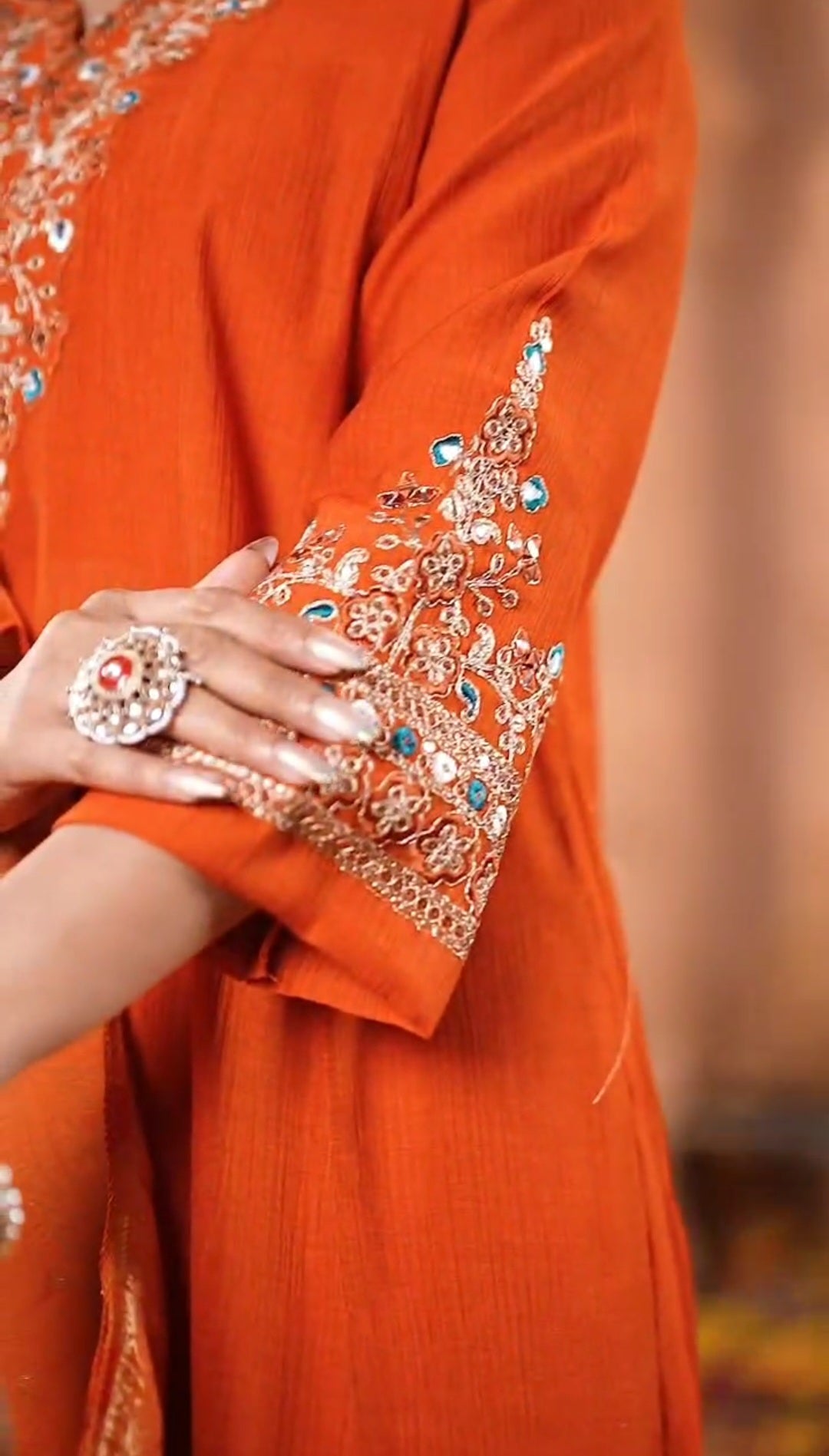 Rust Orange Embroidered Kurta Set with Dupatta – Elegant Festive Wear