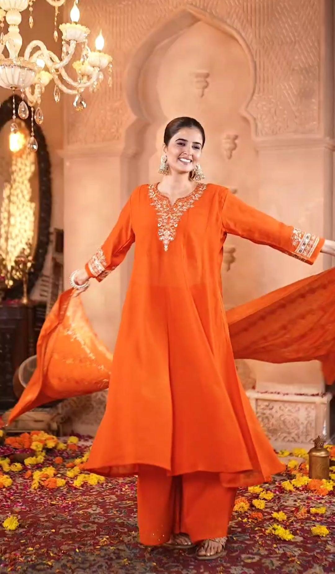 Rust Orange Embroidered Kurta Set with Dupatta – Elegant Festive Wear
